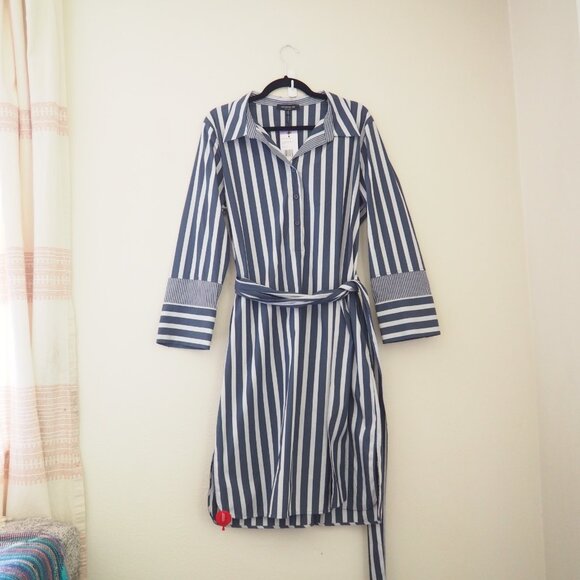 NWT Lafayette 148 Fabiola Twilight Dungaree Blue Stripe Long Sleeve Belted Dress - Picture 3 of 9